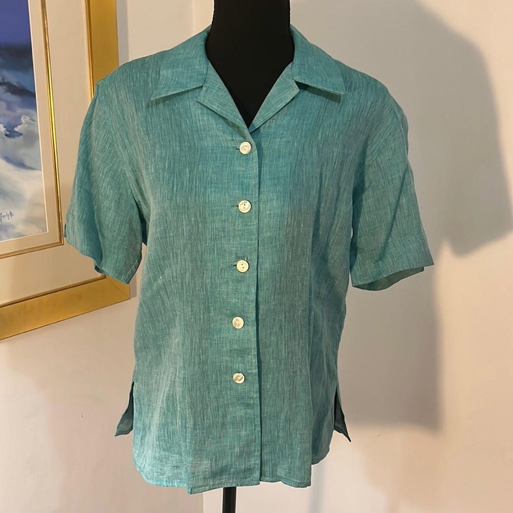 Light blue short sleeve linen blouse, button up, 100% Linen, made in the USA